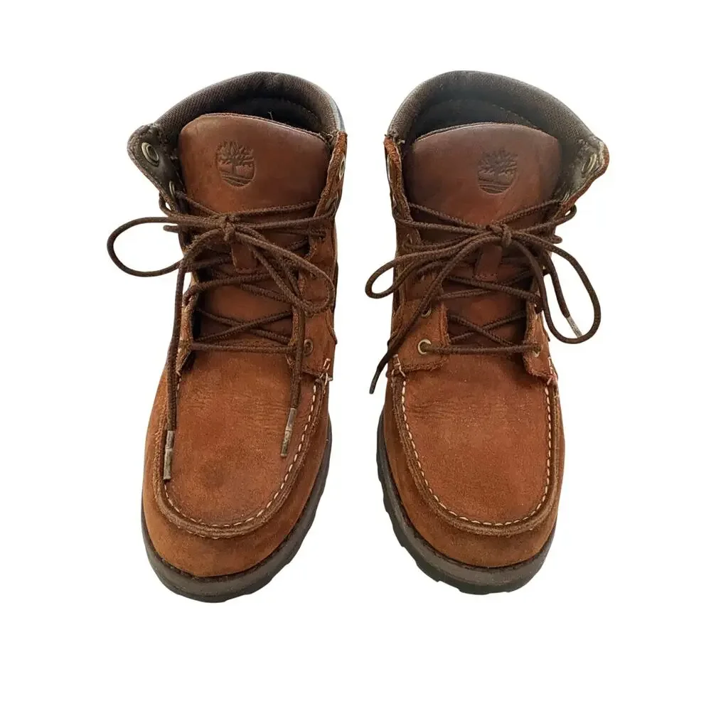 Timberland Boys Boots Size 2 Oakwell Moc-Toe Brown Nubuk Leather Lace-Up Preppy